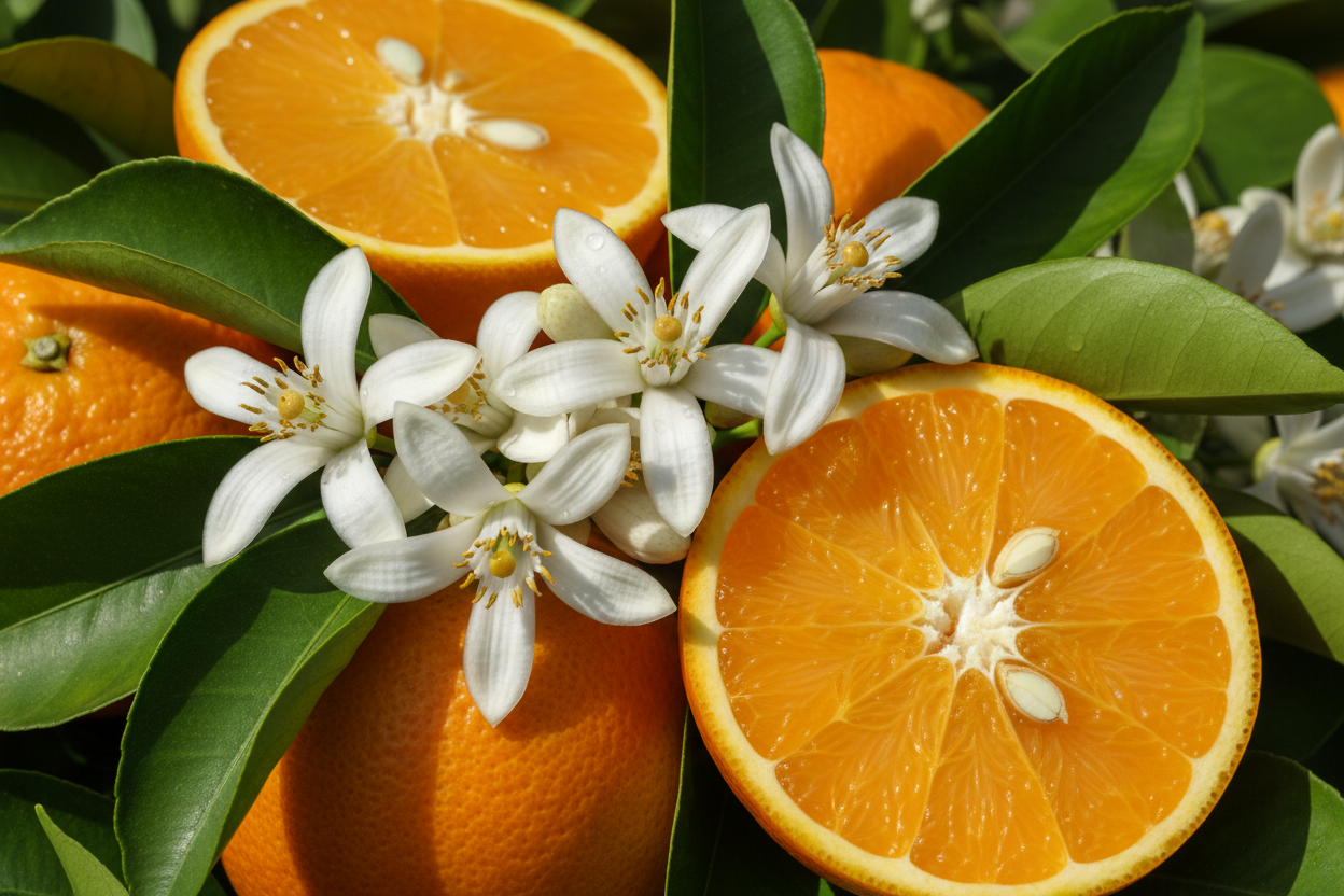 fleur d oranger avec des oranges autour