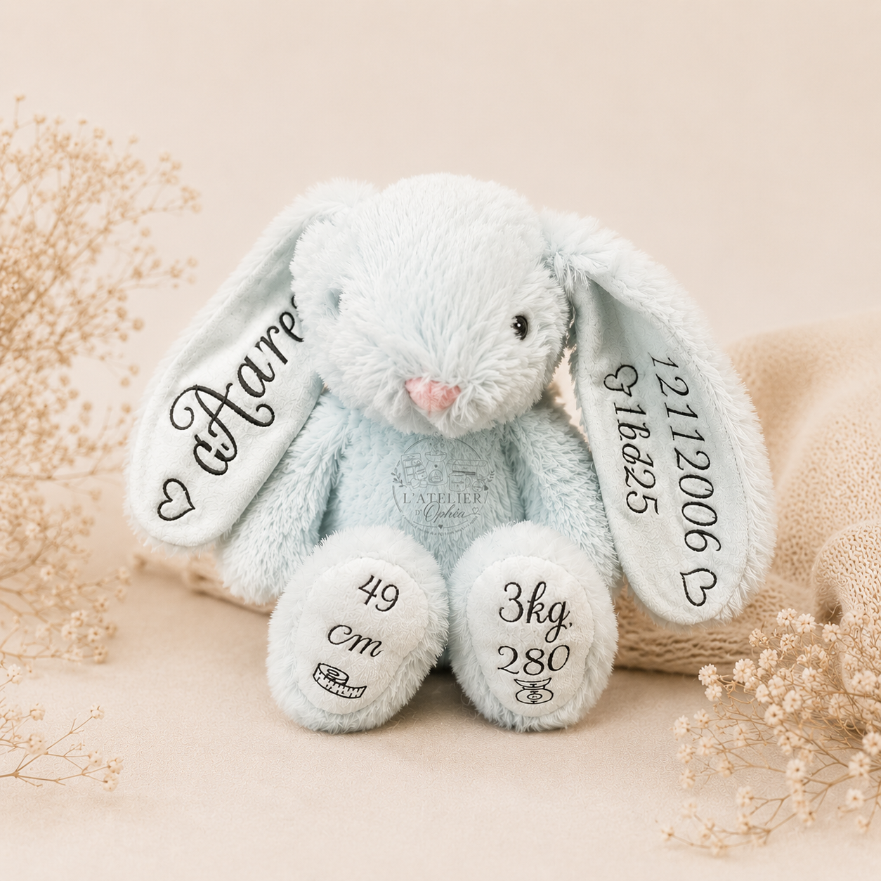 🧸 Doudou Lapin Personnalisé – Souvenir de Naissance ❤️