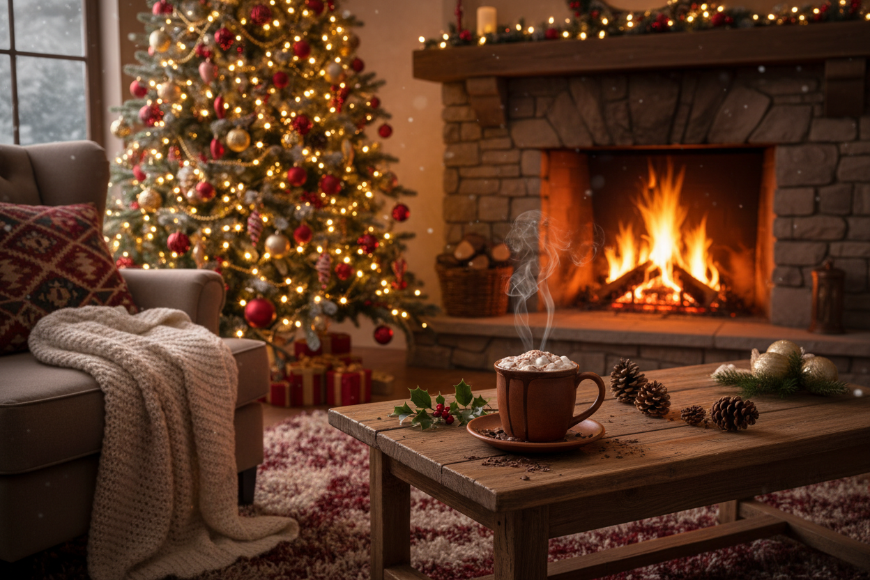 tasse chocolat chaud cheminée sapin de noel